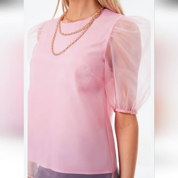 NWT TUCKERNUCK'S HYACINTH HOUSE TULLE SLEEVE ROURKE BLOUSE XL BUBBLEGUM PINK - Picture 3 of 6